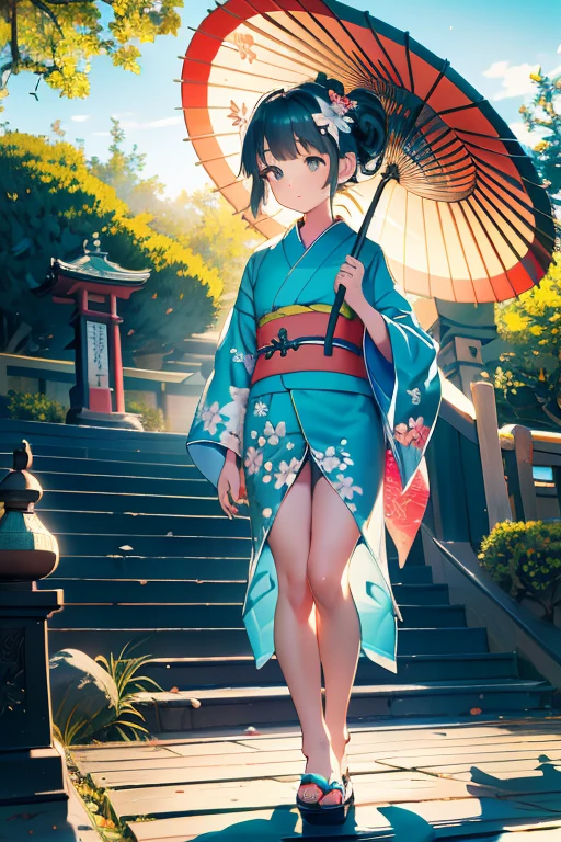 Very , alone, 8-year-old，From below, (White lily flower), beautiful, Complex, Very short stature，Highest quality, Detailed Background, ((girl wearing a patterned teal 着物:1.2)), (Walking through a Zen garden), カジュアルなPause, Detailed Texture, Pause, Floral print，I can see a cute loincloth，Hair Flower, hair ornaments, kimono, Short kimono, Outdoor, Pagoda, Holding an umbrella，petal, (Very short teal kimono), sash, shrine, null, Stone stairs, torii, Wide sleeves, Very short yukata，

