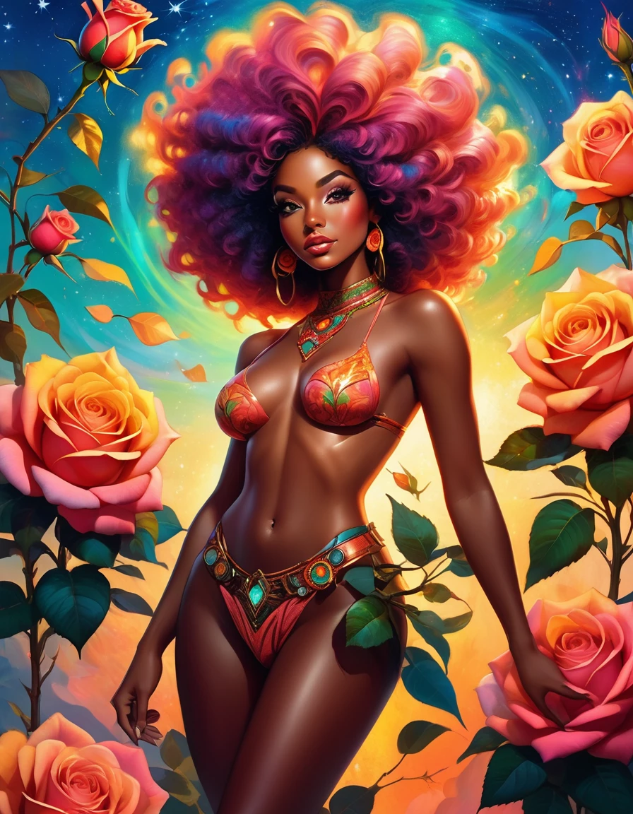 Best quality, masterpiece of A beautiful fantasy style painting of a beautiful vibrant giant Rose transforming into a beautiful nude black woman, Big Afro, highly detailed, vibrant and colorful, colorful stardust, fantasy art style, cartoon vibrant, cute detailed digital art, colorful digital fantasy art, digital fantasy art ), glossy digital painting, pastel vibrant, cowboy shot or full body shot.