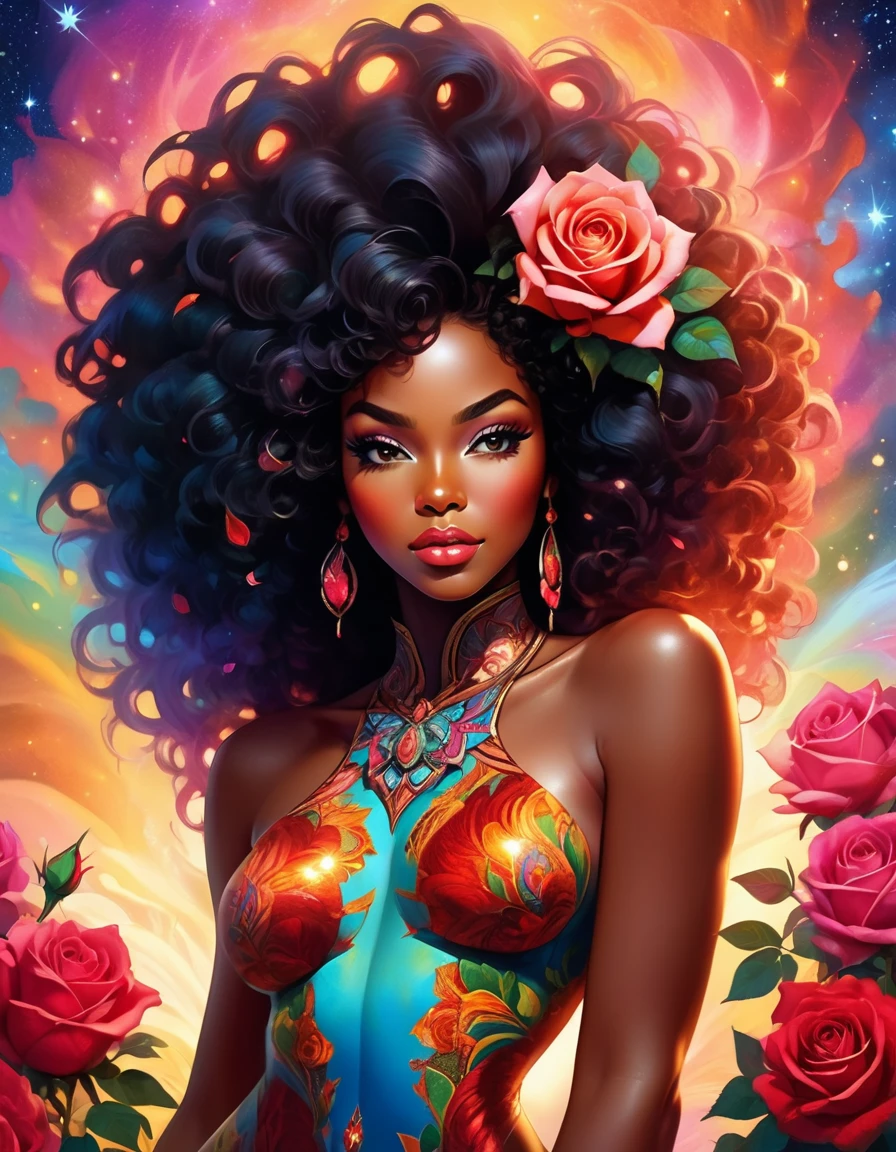 Best quality, masterpiece of A beautiful fantasy style painting of a beautiful vibrant giant Rose transforming into a beautiful nude black woman, Big Afro, highly detailed, vibrant and colorful, colorful stardust, fantasy art style, cartoon vibrant, cute detailed digital art, colorful digital fantasy art, digital fantasy art ), glossy digital painting, pastel vibrant, cowboy shot or full body shot.