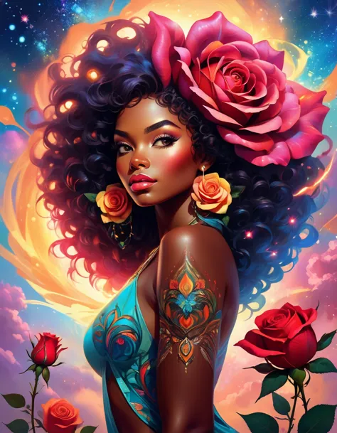 best quality, masterpiece of a beautiful fantasy style painting of a beautiful vibrant giant rose transforming into a beautiful ...