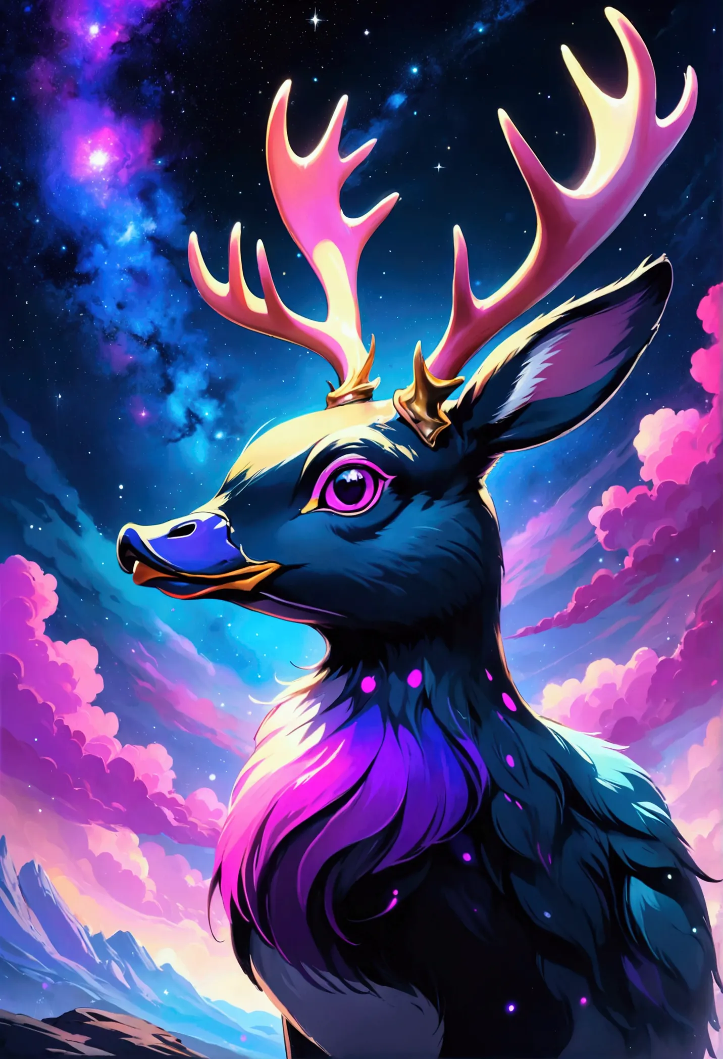 duck with black and purple fur and magenta antlers, staring up at a impossible sky full of nebulas stars and amazing colors, bes...