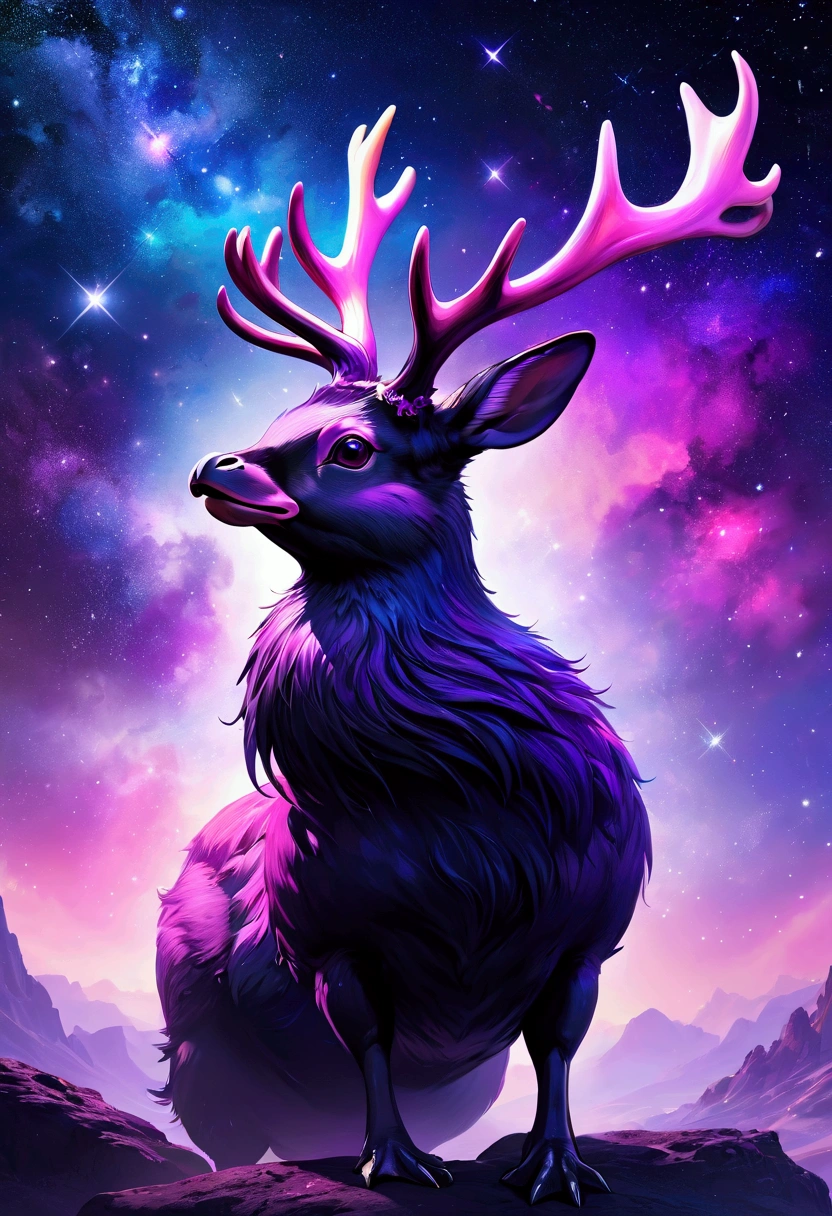 Duck with black and purple fur and magenta antlers, staring up at a impossible sky full of nebulas stars and amazing colors, best quality, masterpiece, jackalope features