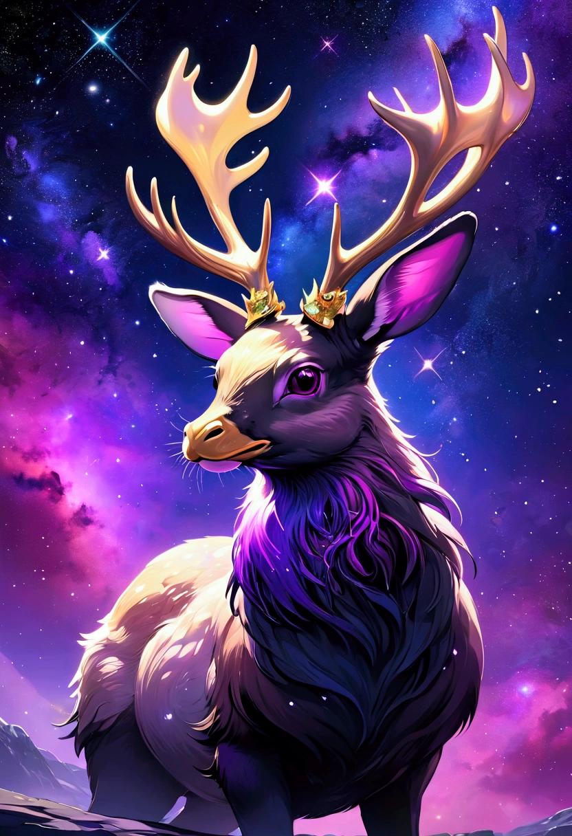 Duck with black and purple fur and magenta antlers, staring up at a impossible sky full of nebulas stars and amazing colors, best quality, masterpiece, jackalope features