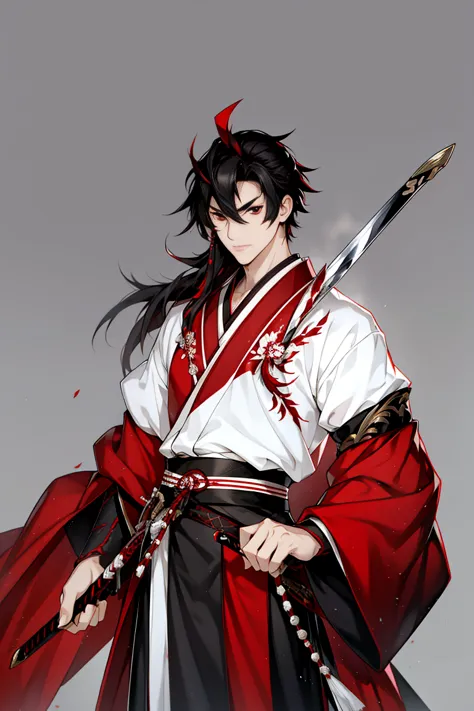 japanese man, hanfu, red and white long sword, black hair with mxiture of dark red, red eyes