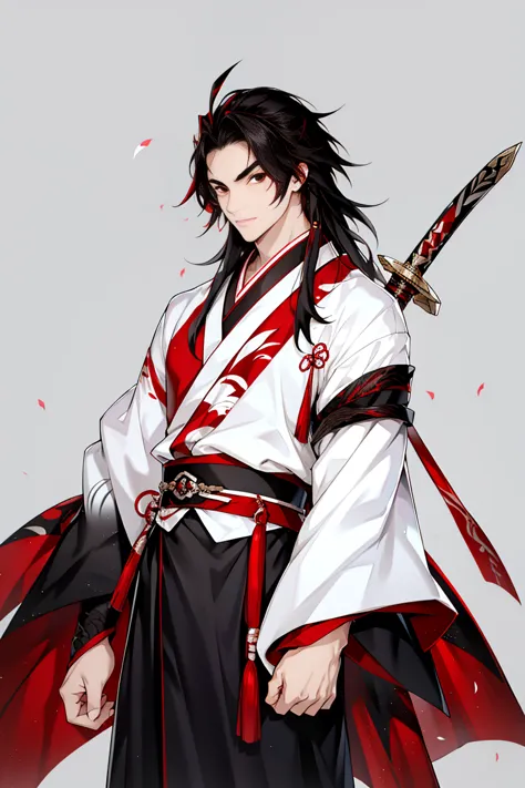 japanese man, hanfu, red and white long sword, black hair with mxiture of dark red, red eyes