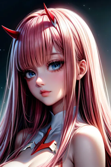 , white skin, blue-green eyes, light pink hair, red horns, red clothes, zero two, darling in the franxx