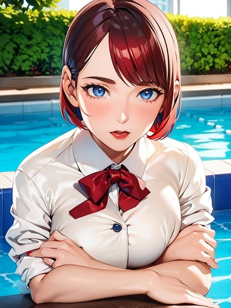 1girl, boyish, short hair, ribbon, gal makeup, blazer uniform, jagged hair, tanned skin, red lips, inside school, red hair, blue eyes, poolside, hands on chest