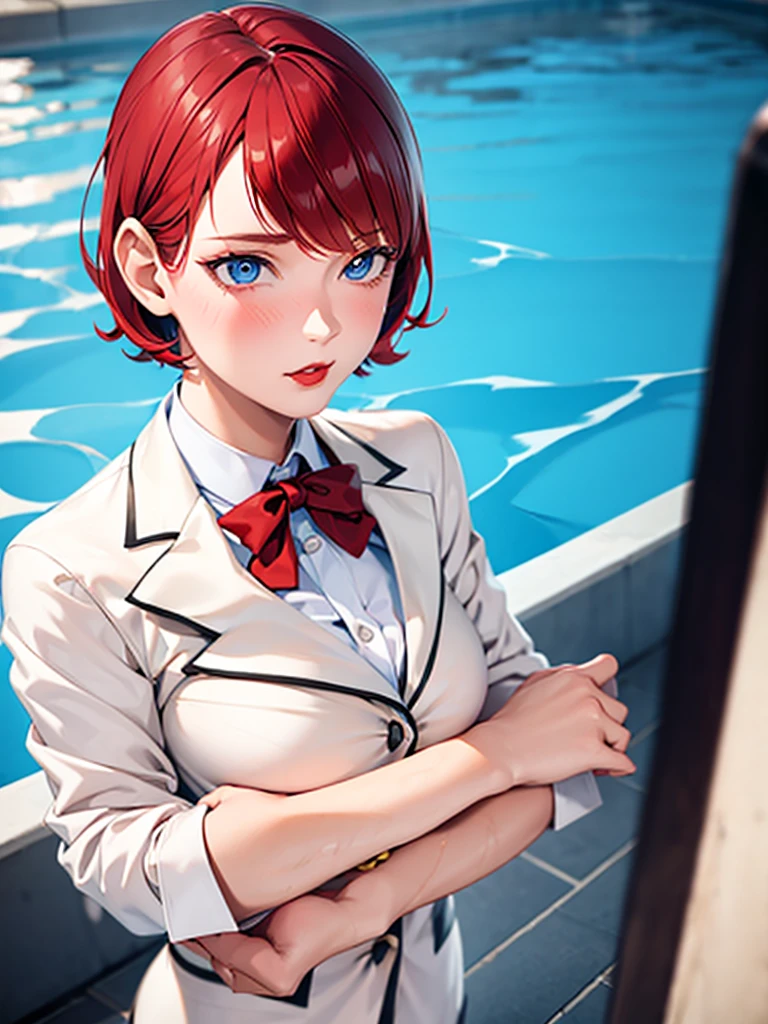 1girl, boyish, short hair, ribbon, gal makeup, blazer uniform, jagged hair, tanned skin, red lips, inside school, red hair, blue eyes, poolside, hands on chest