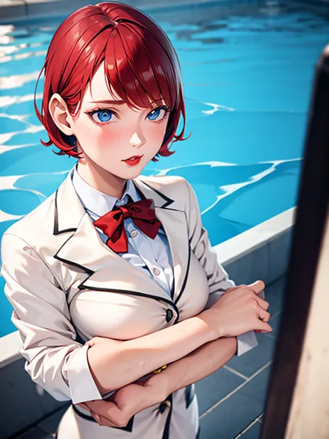 1girl, boyish, short hair, ribbon, gal makeup, blazer uniform, jagged hair, tanned skin, red lips, inside school, red hair, blue...