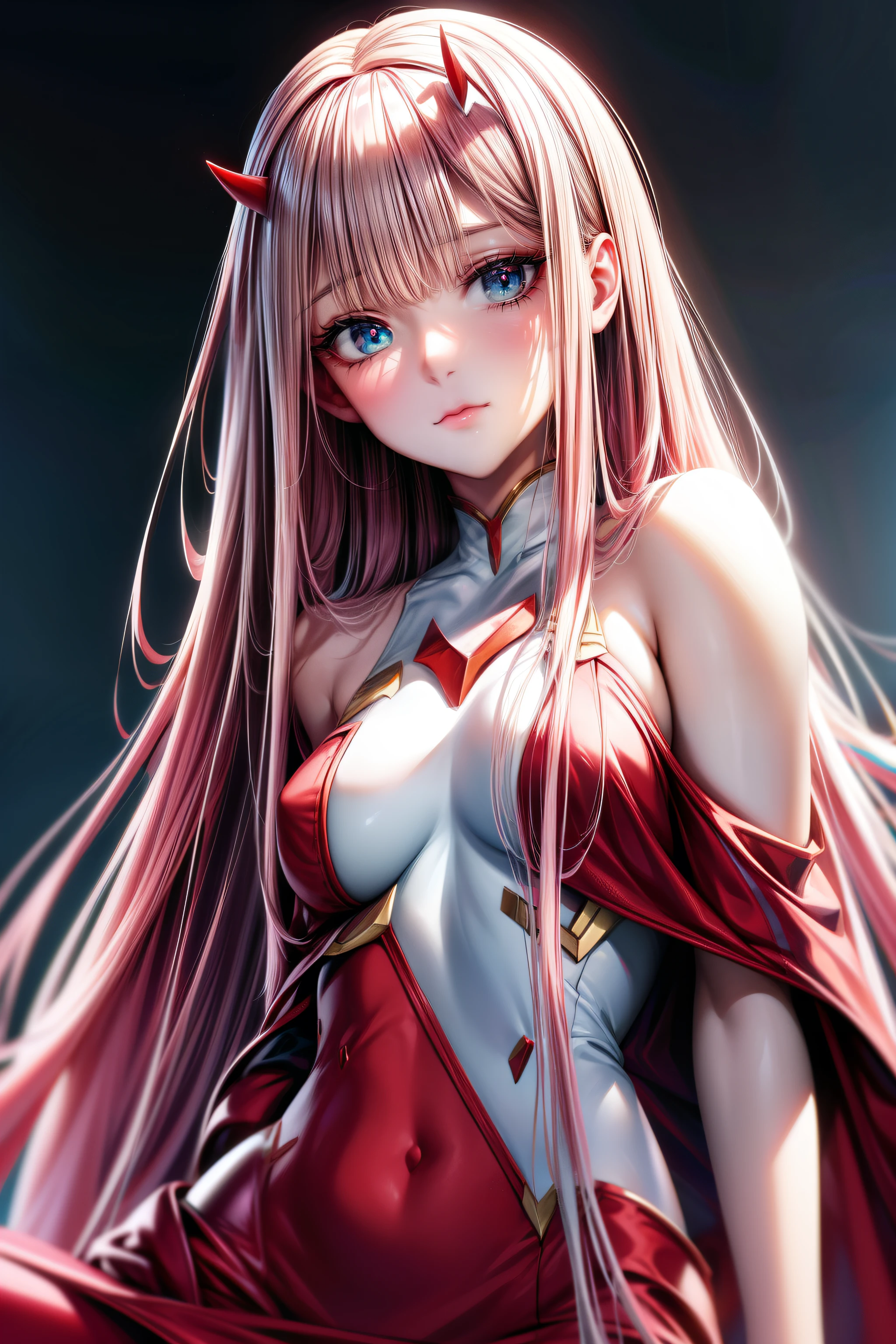 , white skin, blue-green eyes, light pink hair, red horns, red clothes, Zero Two, Darling in the Franxx