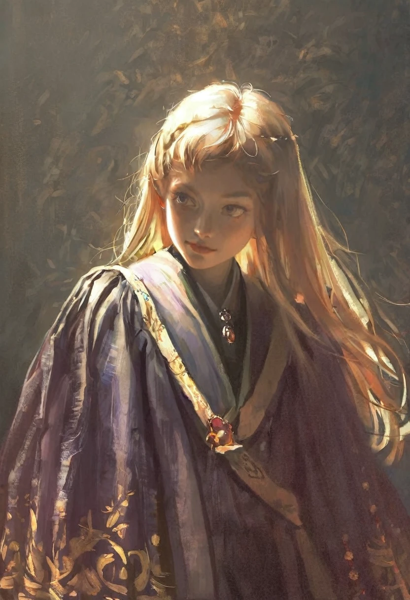 score_9, score_8_up, score_7_up, score_6_up, score_5_up, score_4_up, fkey70, A blonde girl standing, hyperrealistic anime painting, royal clothes, anime painting, no tiara, loose long hair, black background, dramatic diagonal lighting, painterly, realistic painting, soft feature, detailed clothes, detailed, rembrandt lighting, artwork of upper body
