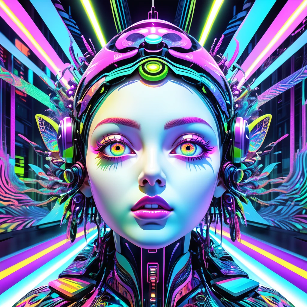 Memes, Surreal, Digital Art, EEG, Information flow, Cultural transmission, Potential awareness, abstract pattern, psychedelic, Neon color, Glitch Art, cyber punk, Cinema Lighting, Super detailed, 8k, Realistic, Volumetric, Ray Tracing, Studio Lighting, Vibrant colors, psychedelic elements, Viral content, Social Media, Cultural phenomenon