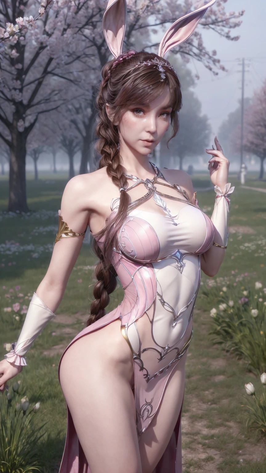 (((DLDLxiaowu, solo))), hairtie, ponytail, (1girl:1.3), Solo, __body-parts__, Official Art, Unity 8k Wallpaper, Ultra Detailed, Beautiful and Aesthetic, Masterpiece, Best Quality, RAW, Super Fine Photo, Best Quality, Ultra High Resolution, Photorealistic Photorealism, Sunlight, Full Body Portrait, Amazing Beauty, Delicate Face, Vibrant Eyes, (From the Front), Detailed Face, Gorgeous, Highly Detailed Skin, Realistic Skin Details, Visible Pores, Sharp Focus, Volume Fog, 8K uhd, DSLR, high quality, film grain, fair skin, photo realism, brunette hair, brunette hair, breasts, open eyes, split sleeves, skinny, transparent, pink, dress, transparent panties, pink, twisted braid, long braid, jewelry, gold accessories, gorgeous accessories, complex, delicate lips, long hair, medium breasts, outdoor, closed lips, petals, peach blossoms, rabbit ears, pink rabbit ears, standing, dynamic pose, ((full body)), blue skinny dress, double high slit dress, reveals a thick leg, in a garden full of roses, (((standing on one leg:1.2))), (((standing split:1.3))
