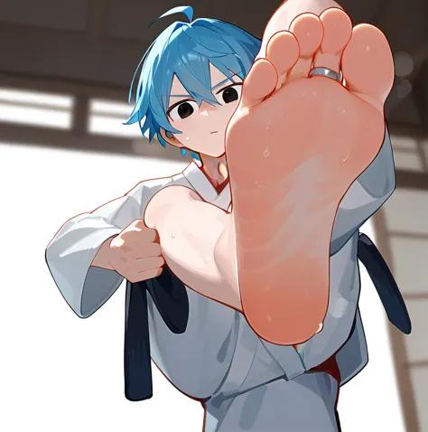 in the ring，一个可爱的男孩露出脚low angle，lift one foot，one-leg stand，black eyes，boy，blue hair，short hair，there are bangs between the eyes...