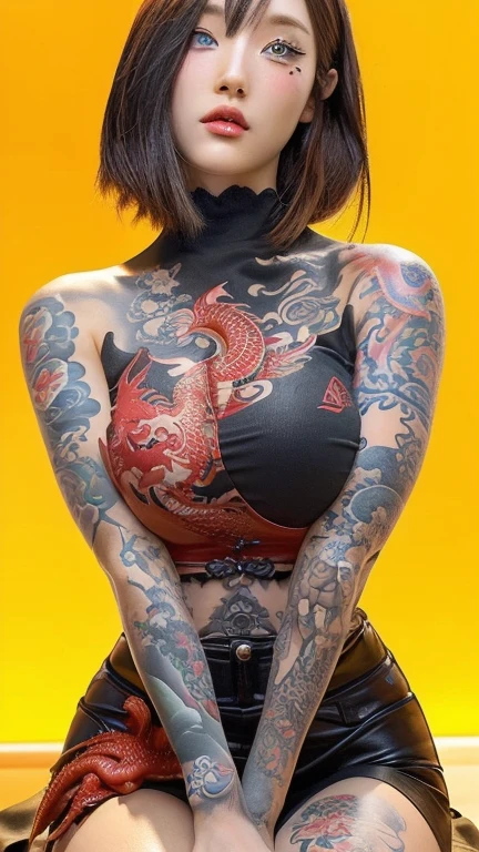 a woman with tattoos and a red dragon on her arm and blue eyes, cartoon character; full body art, dragon girl, the dragon girl portrait, anime woman full body art, Beautiful character painting, detailed anime illustrations, 8K high quality detailed art, Oriental tattoos, by Yang J, full body art muy detallado, Taiwanese girl with tattoos, yakuza slim girl, japanese art style, hourglass body type, big breasts, defined waist , big hips