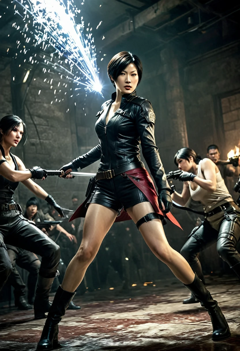 I am engaged in a fierce battle against mercenaries and creatures, with dramatic lighting and intense action emphasizing my agility and combat skills. Ada Wong, from Resident Evil, is at the center of the fight, moving swiftly and expertly as she faces multiple opponents. The scene is chaotic, filled with flashes of light, the clash of weapons, and the presence of fearsome creatures, creating a highly charged and tense atmosphere.