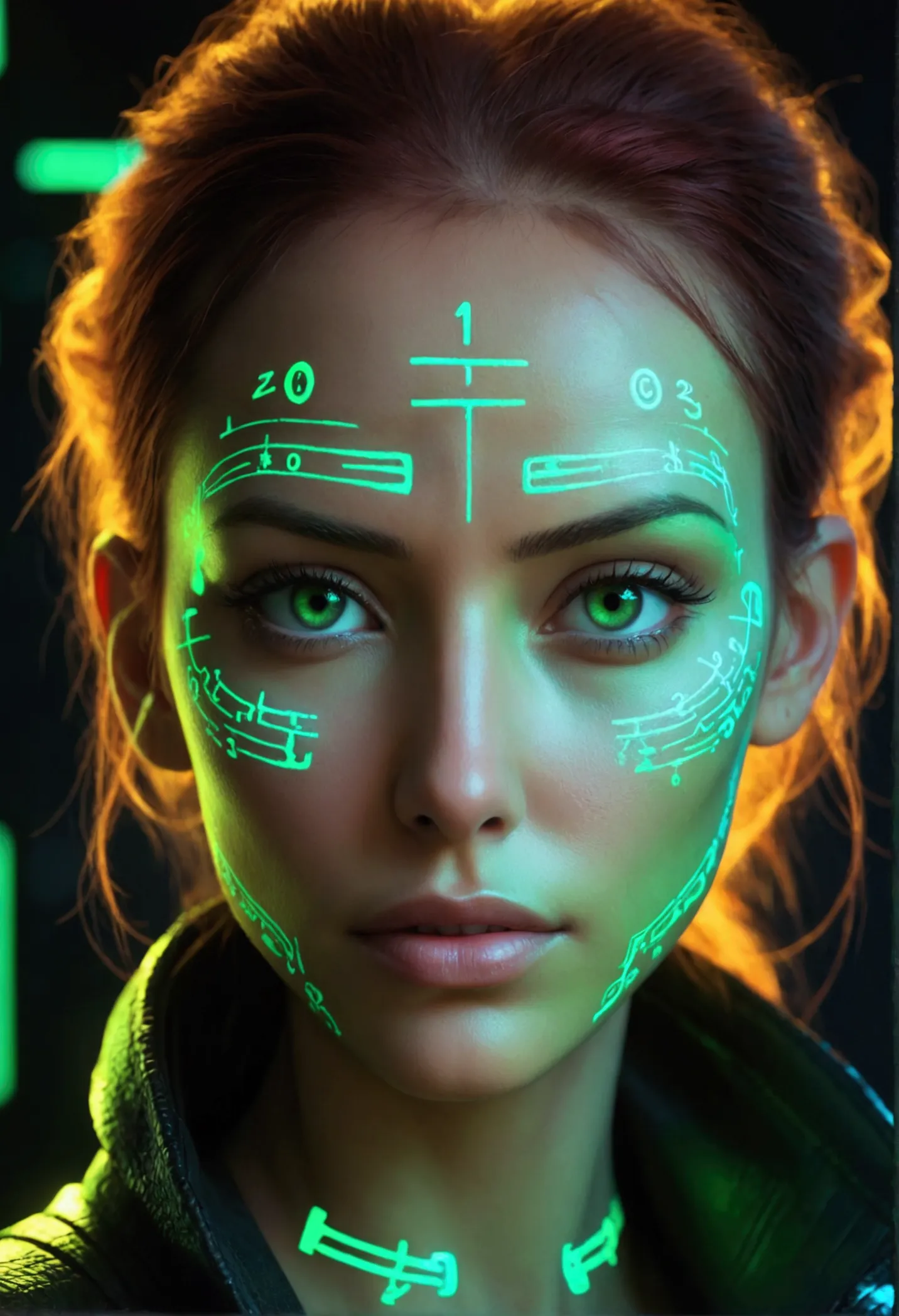 close-up of woman's face, glowing green holographic equations projected onto skin. intense gaze, realistic features. dark backgr...