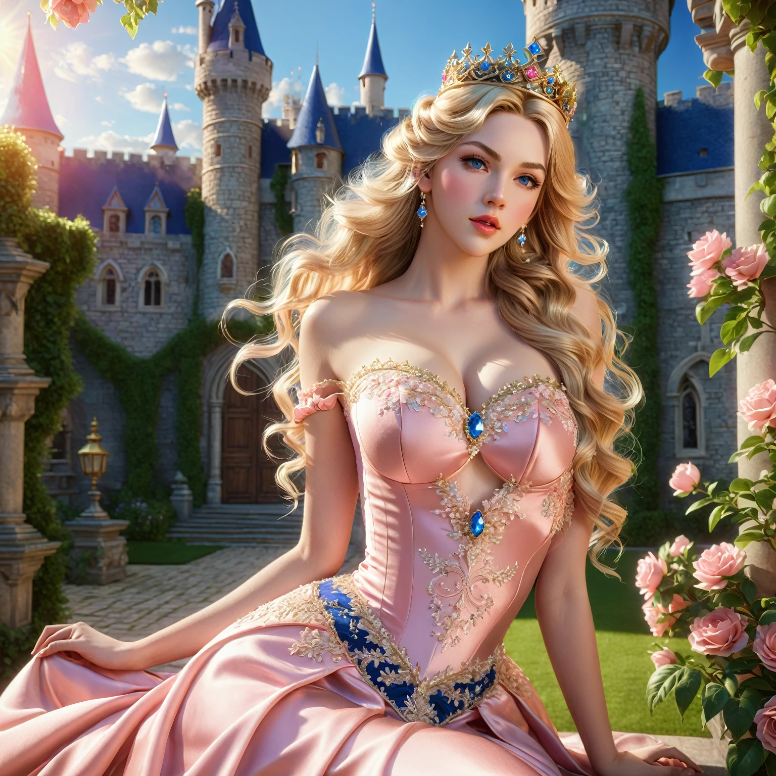 PRINCESS PEACH, 1 girl, beautiful detailed blue eyes, beautiful detailed lips, extremely detailed face, long eyelashes, loose wavy blonde hair, ornate crown, elegant topless royal dress, pink dress with perfect breasts, intricate embroidery, castle courtyard, garden lush, sunlight coming in, dramatic lighting, photorealistic, 8K, high resolution, detailed, fantasy, She is sitting with sensual legs, sexy.