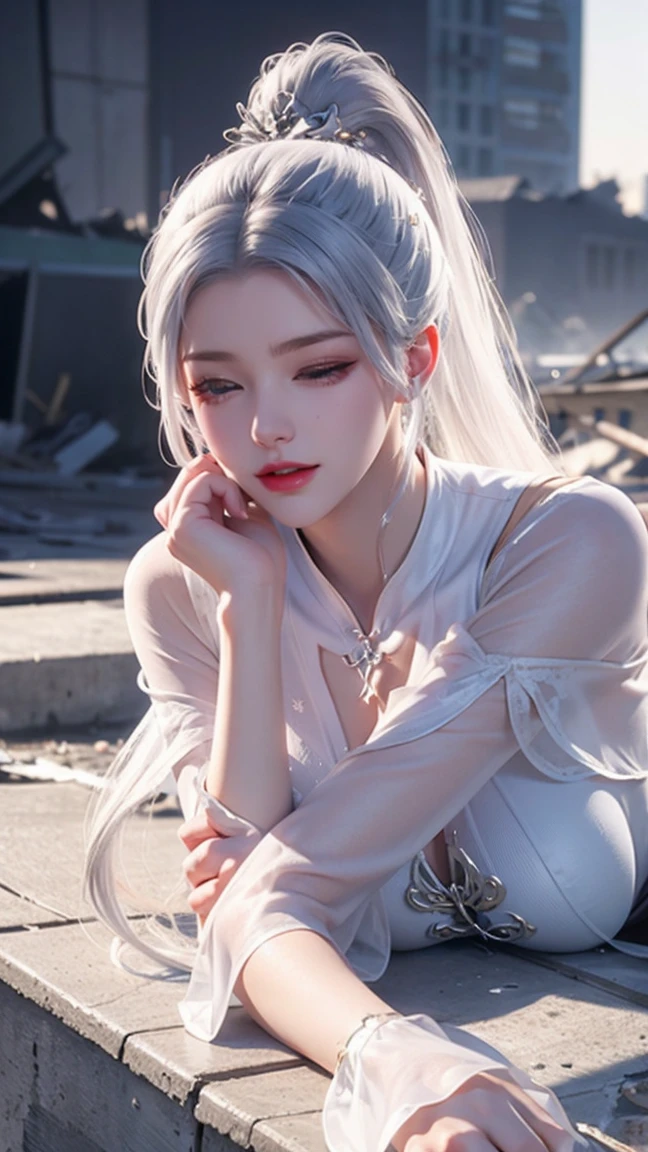 a white hair、Close-up of woman wearing white mask, Beautiful character painting, Guweiz, Gurwitz-style artwork, White-haired god, author：Yang Jie, Epic and beautiful character art, Stunning character art, author：Fan Qi, by Wuzhun Shifan, pixiv art street guweiz, Single ponytail, insult, High Ponytail, tall and big, Long legs, (Sleeveless lace shirt), (shorts), (Striped )), ((Striped )), Walk, elegant, dignified, woman, Beautiful curves, sweet smile, Strong sense of detail and layering, Rich and colorful colour, Has a unique texture, Colorful, colour, vivid, design art, 16K, Ultra Detailed, {{illustration}}, {Extremely refined}, {Exquisite surface treatment}, Ultra Detailed, Delicate and shining eyes, {{Movie Lighting}}, Extreme lighting effects, model: Realism, CFG size: 12, Laura: Bright texture (1.35), high quality, masterpiece, Exquisite facial features, Delicate hair depiction, Detailed depiction of the eyes, masterpiece, best quality, Ray Tracing, Extremely detailed CG unified 8k wallpaper, masterpiece, best quality, (1 girl), Perfect woman figure, (((tight white t shirt))), beautiful eyes, (Delicate face), Black short hair, Tie your hair up, Light blue hairpin, Black Silk Frame Glasses, In class, (White skin), (Optimal lighting), (Super intricate details), 4k unity, (Ultra Detailed CG), Showing off her white legs, , Hot Pants, shorts,(( lying down facing front on a destroyed city: 1.5))) (eyes closed :1.5)
