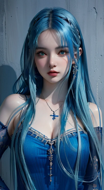 a painting of a woman with blue hair and a necklace, alena aenami and artegerm, deviantart art station cgscosiety, artegerm portrait, artegerm. High detail, Neoartcore y Charlie Bowater, Girl with blue hair, artegerm detailed, extremely detailed artegerm, Detailed Matte Fantasy Portrait, beautiful blue hair girl