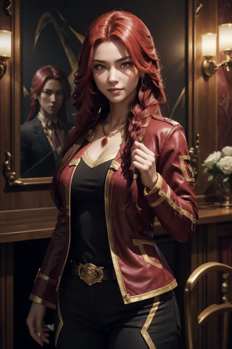 i want to be a powerful figure behind the scenes！,iris midgar,red hair,long hair,outside flip,with a single braid on one side on...