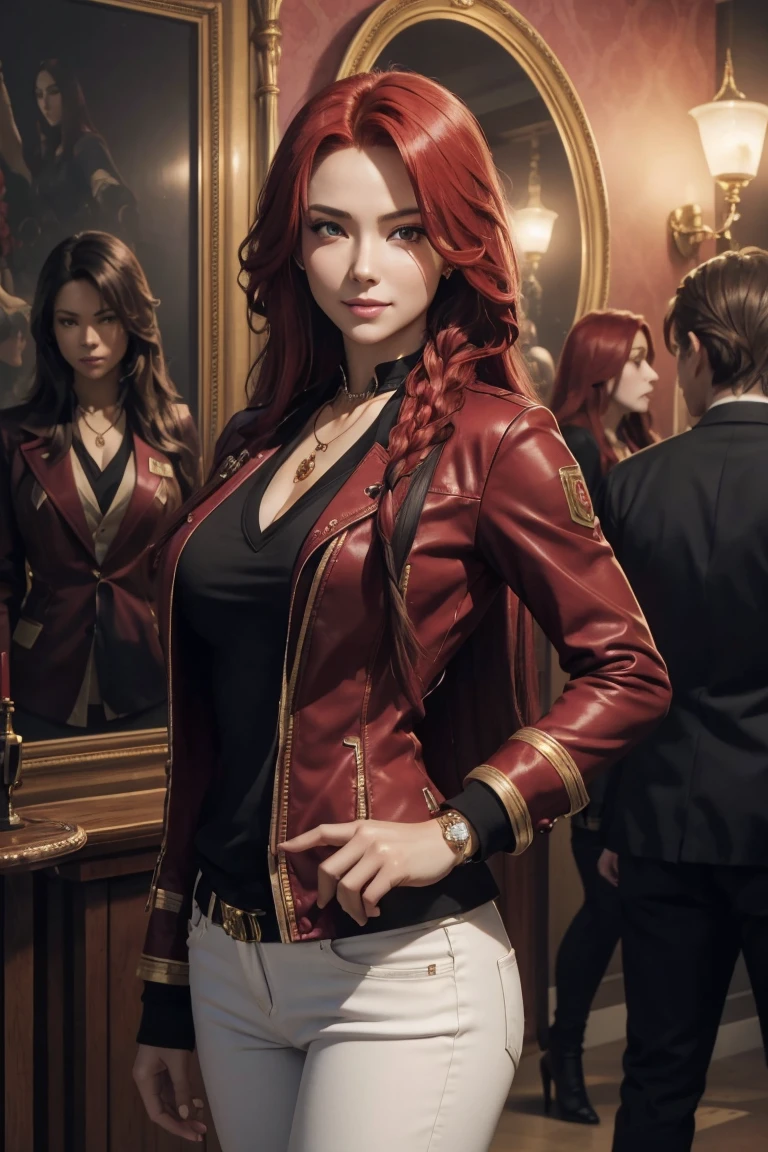 I want to be a powerful figure behind the scenes！,Iris Midgar,Red hair,long hair,Outside flip,with a single braid on one side only,Red eyes,Red Eyes,Beautiful white skin,Black and gold jacket,Black shirt,White long pants,Sapphire necklace,Photorealistic,Ultra HD,high quality,masterpiece,Digital SLR,Detailed details,Intricate details,Anatomical basis,Depicted in detail,A detailed face,Realistic skin texture,Vivid details,Perfect Anatomy,Perfect Anatomy,Anatomically correct hand,Anatomically correct fingers,Super Detail,Complex 3D rendering,The worldview of a fantasy with sexy poses,In the great outdoors,Petals of roses dance,Picturesque,Pink Lips,smile,