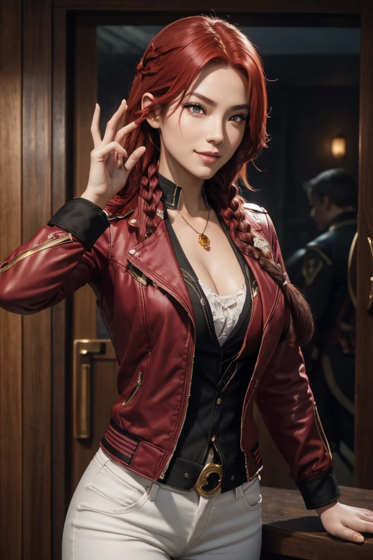 I want to be a powerful figure behind the scenes！,Iris Midgar,Red hair,long hair,Outside flip,with a single braid on one side only,Red eyes,Red Eyes,Beautiful white skin,Black and gold jacket,Black shirt,White long pants,Sapphire necklace,Photorealistic,Ultra HD,high quality,masterpiece,Digital SLR,Detailed details,Intricate details,Anatomical basis,Depicted in detail,A detailed face,Realistic skin texture,Vivid details,Perfect Anatomy,Perfect Anatomy,Anatomically correct hand,Anatomically correct fingers,Super Detail,Complex 3D rendering,The worldview of a fantasy with sexy poses,In the great outdoors,Petals of roses dance,Picturesque,Pink Lips,smile,