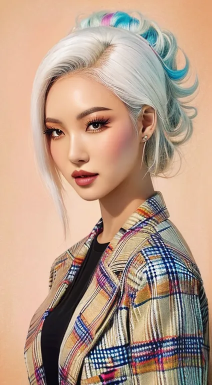 a close-up of a woman with white hair and a plaid jacket, rossdraws vibrant cartoons, rossdraws | afrofuturism, style ross tran,...