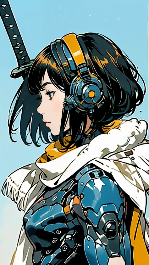 android ninja suit、profile、close-up of face、solo、beautiful woman、black hair、bobcut、looking up at the sky、scarf、carrying a sword、...