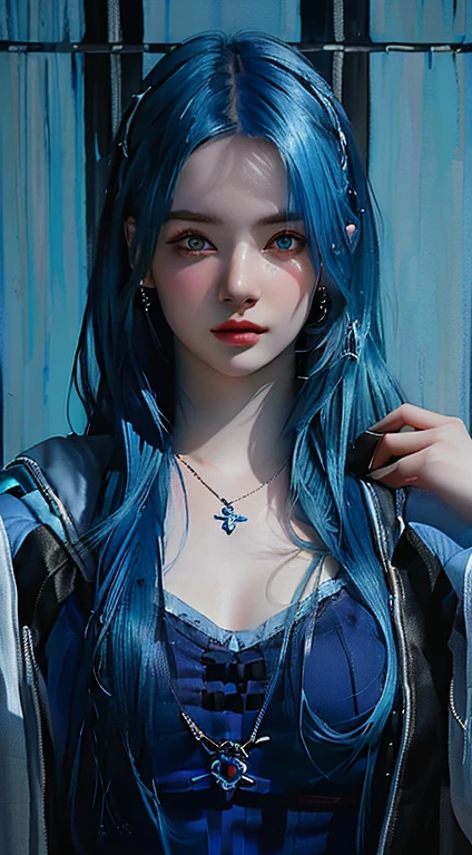 a painting of a woman with blue hair and a necklace, alena aenami and artegerm, deviantart art station cgscosiety, artegerm portrait, artegerm. High detail, Neoartcore y Charlie Bowater, Girl with blue hair, artegerm detailed, extremely detailed artegerm, Detailed Matte Fantasy Portrait, beautiful blue hair girl