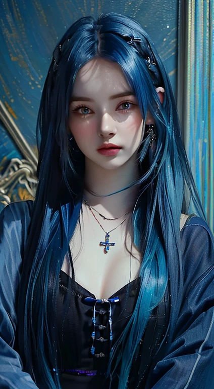 a painting of a woman with blue hair and a necklace, alena aenami and artegerm, deviantart art station cgscosiety, artegerm portrait, artegerm. High detail, Neoartcore y Charlie Bowater, Girl with blue hair, artegerm detailed, extremely detailed artegerm, Detailed Matte Fantasy Portrait, beautiful blue hair girl