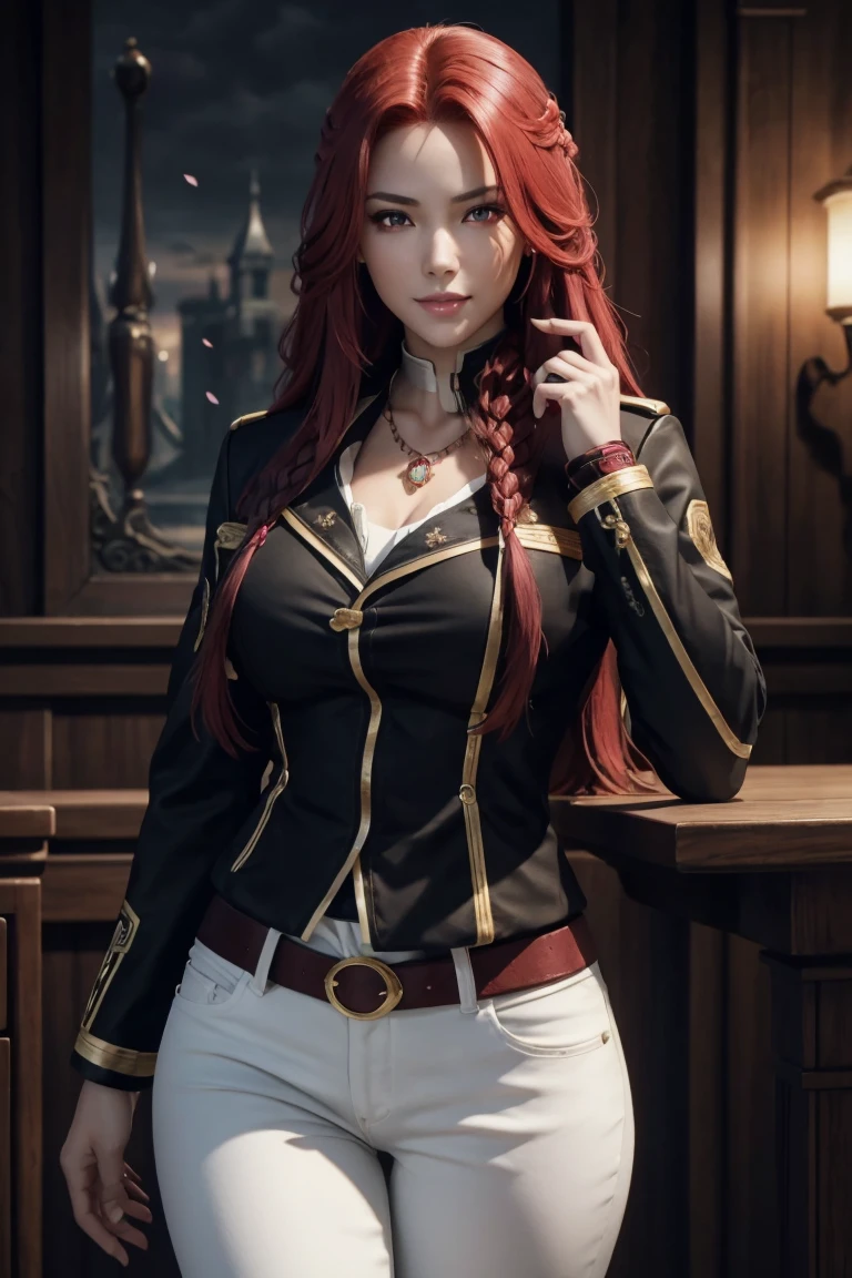 I want to be a powerful figure behind the scenes！,Iris Midgar,Red hair,long hair,Outside flip,with a single braid on one side only,Red eyes,Red Eyes,Beautiful white skin,Black and gold jacket,Black shirt,White long pants,Sapphire necklace,Photorealistic,Ultra HD,high quality,masterpiece,Digital SLR,Detailed details,Intricate details,Anatomical basis,Depicted in detail,A detailed face,Realistic skin texture,Vivid details,Perfect Anatomy,Perfect Anatomy,Anatomically correct hand,Anatomically correct fingers,Super Detail,Complex 3D rendering,The worldview of a fantasy with sexy poses,In the great outdoors,Petals of roses dance,Picturesque,Pink Lips,smile,