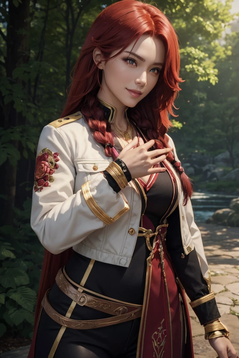 I want to be a powerful figure behind the scenes！,Iris Midgar,Red hair,long hair,Outside flip,with a single braid on one side only,Red eyes,Red Eyes,Beautiful white skin,Black and gold jacket,Black shirt,White long pants,Sapphire necklace,Photorealistic,Ultra HD,high quality,masterpiece,Digital SLR,Detailed details,Intricate details,Anatomical basis,Depicted in detail,A detailed face,Realistic skin texture,Vivid details,Perfect Anatomy,Perfect Anatomy,Anatomically correct hand,Anatomically correct fingers,Super Detail,Complex 3D rendering,The worldview of a fantasy with sexy poses,In the great outdoors,Petals of roses dance,Picturesque,Pink Lips,smile,