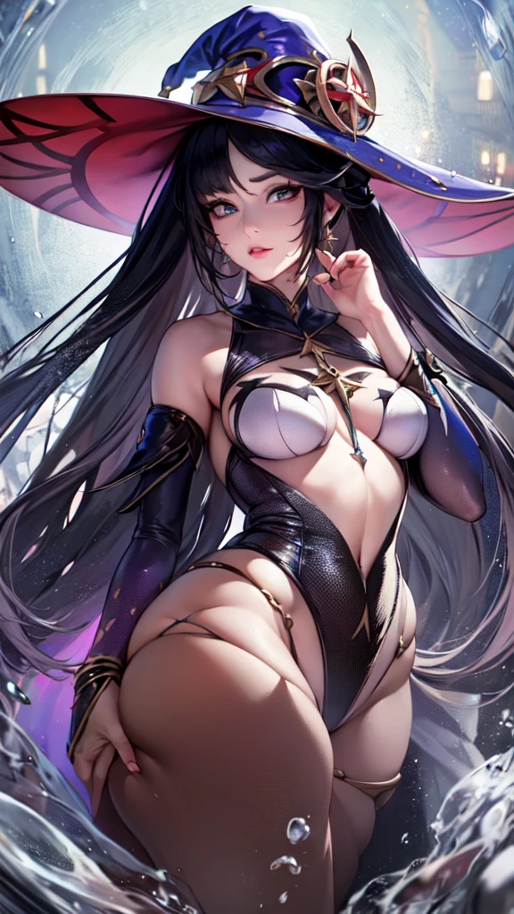 mona, blue eyes, hair between eyes, twintails, very long hair, purple hair, hat, (small breast:1.2, big hips:1.2), witch hat, , (full body), (masterpiece), (best quality), ultra high res, ultra detailed, detailed eyes, intricate, 1girl, looking at viewer, collarbone, ((big hips, tight clothes, cleavage, looking at the viewer)), (abs:0.8), blushed, (realistic:1.2), (realism), (masterpiece:1.2), (best quality), (ultra detailed), (8k, 4k, intricate), (85mm), light particles, lighting, (highly detailed:1.2), (detailed face:1.2), (gradients), colorful, (detailed eyes:1.2), (detailed background), detailed landscape, (dynamic angle:1.2), (rule of third_composition:1.3), (Line of action:1.2), seducing pose,