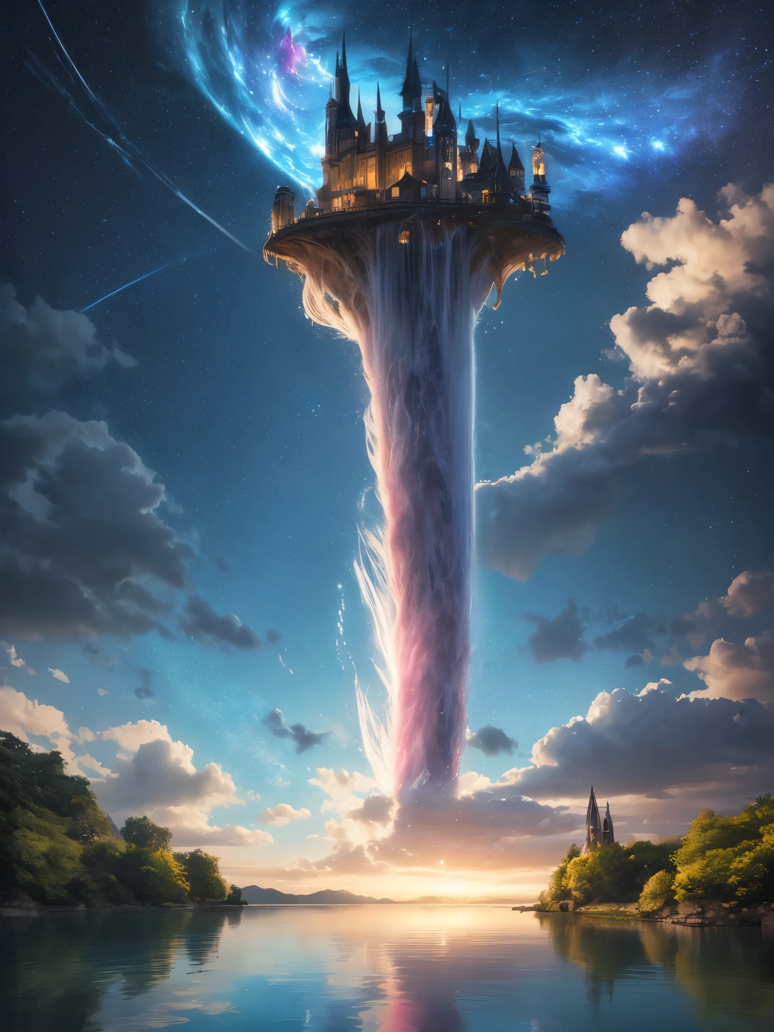 (8k, highest quality, masterpiece, final fantasy style: 1.2), (unRealistic, photoRealistic: 1.37), Dreamy landscape, Fantasy, Unsurreal landscapes, Super detailed, Flying Castle, Floating Island in the Sky, Seven-colored swirl of light, Intense lightning, milky way, Complex Light, Colored light, Large Lake, Starry sky reflected on the lake surface, Countless shining stars, Meteors,  Reflections , (A pillar of light emanated from the ground:1,2), roses and orchids gardens , sunset, pink clouds, waterfalls in the sky, realistic style, Hyperrealism drawing, a flying pirate spaceship floating at the clouds level, burning skyscrapers, cyborgs, timeless realms, stunning  princess  , floating hair, pink lipstick, cute, naked shoulders ,  casting spell, healing light magic effect, in a magical lagoon of the fairyland, crystal clear water surface reflections, sharp focus, looking at viewer, (close-up:0.9), (bright white theme:1.2), (bright white tone:1.2), (deep blue tone:1.3), realistic, Hyperrealism,