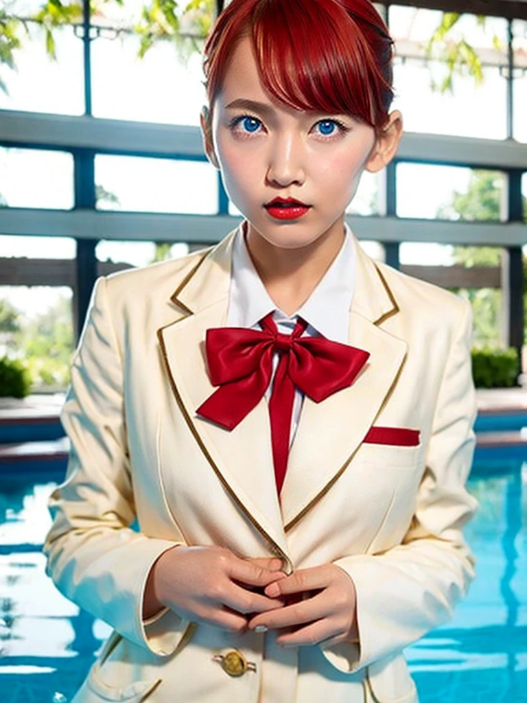 1girl, boyish, short hair, ribbon, gal makeup, blazer uniform, jagged hair, tanned skin, red lips, inside school, red hair, blue eyes, poolside, hands on chest