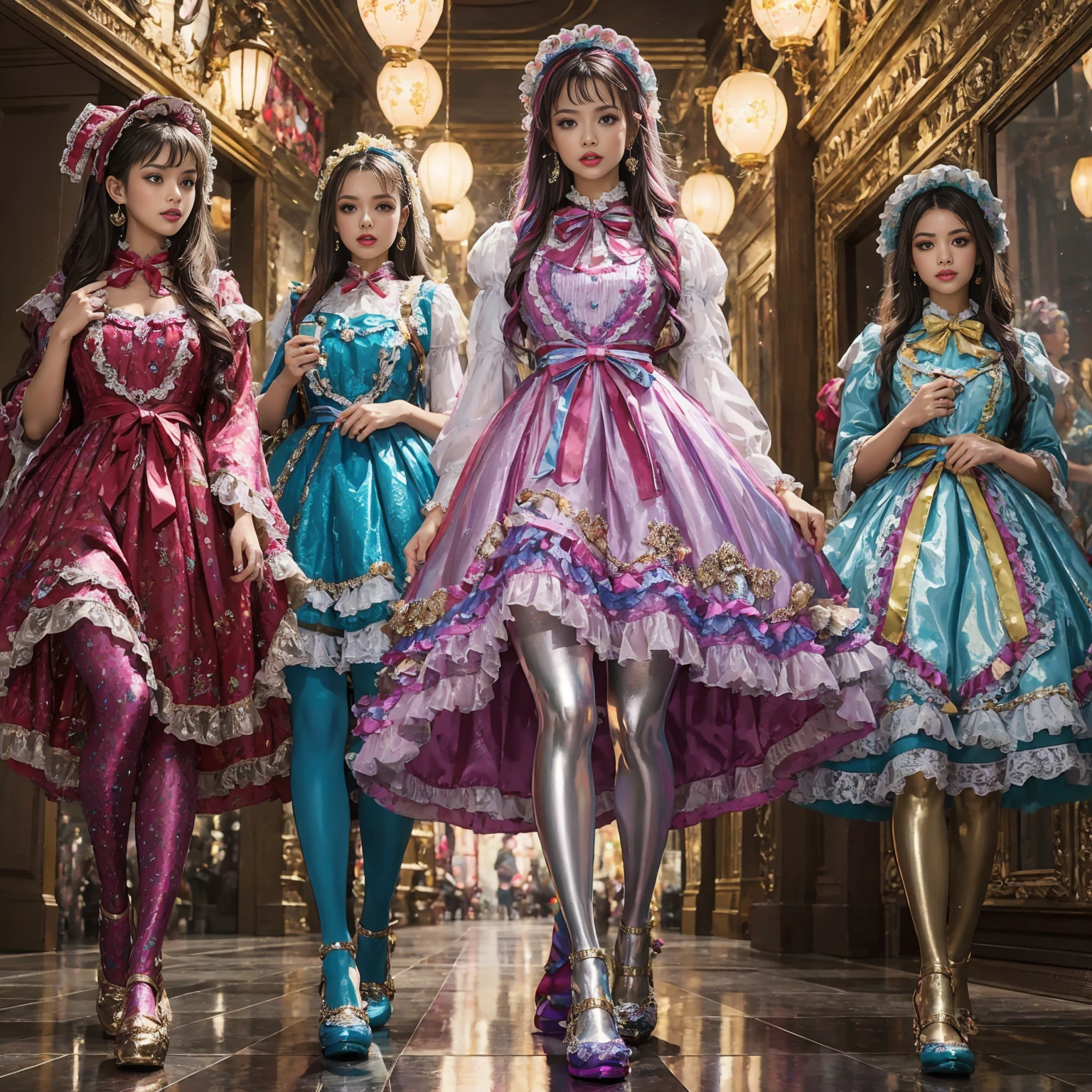 Movie poster composition, on a snowy mountain, Girls from different cultures, Ambilight, Nine-head body, Group photo, ((multicolored))，Three or more girls，Model figure, long-legged woman, A woman in a luxurious and elaborate lolita dress, wearing lolita mary jane shoes with ornate details, patterned tights, (Glossy Reflecting collection), (Glossy Reflecting collection), (Oily shiny)), (Metallic clothes), (Metallic dress), (Metallic tights):1.2)，, Postures vary, with reflective skin and reflective clothing, venusbody,Large movement amplitude, (full body shot), ray tracing, reflection light, chiaroscuro, UHD, masterpiece, anatomically correct, textured skin, super detail, high quality, 4K, highres