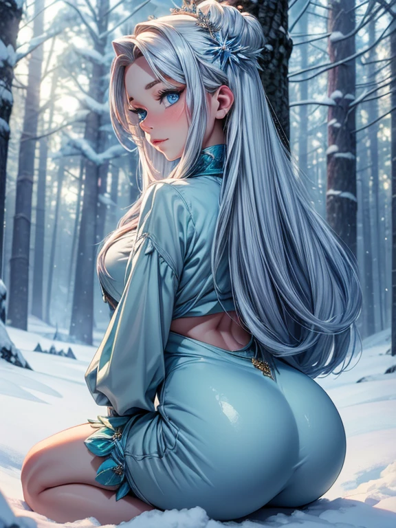 Portrait, high quality, Ukrainian  fairy winter snow in the forest through the trees About , blue eyes, smooth skin, ((Best quality, 8k, Masterpiece :1.3)), 1girl, Pretty girl , Casual outfit :1.2, in the forest, Ultra-detailed face, Detailed eyes, Double eyelid, back view focus on her buttocks 