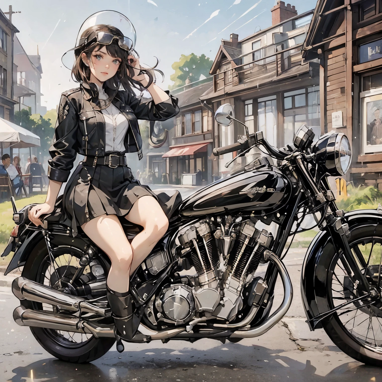 Bluff Superior SS100、(クラシックRiding on motorcycle )、(Vintage Bikes、Bluff Superior SS100)、Isle of Man Races、 (Riding on motorcycle:1.2), Beautiful young woman、18-year-old、Beautiful Face, Beautiful delicate eyes, Black Hair, Short Bob Hair,  Classic Leather Jacket、Cromwell helmet with goggles、After the Rain、English countryside、 Detailed Description、(Highest quality, masterpiece, High resolution)、8k、wallpaper
