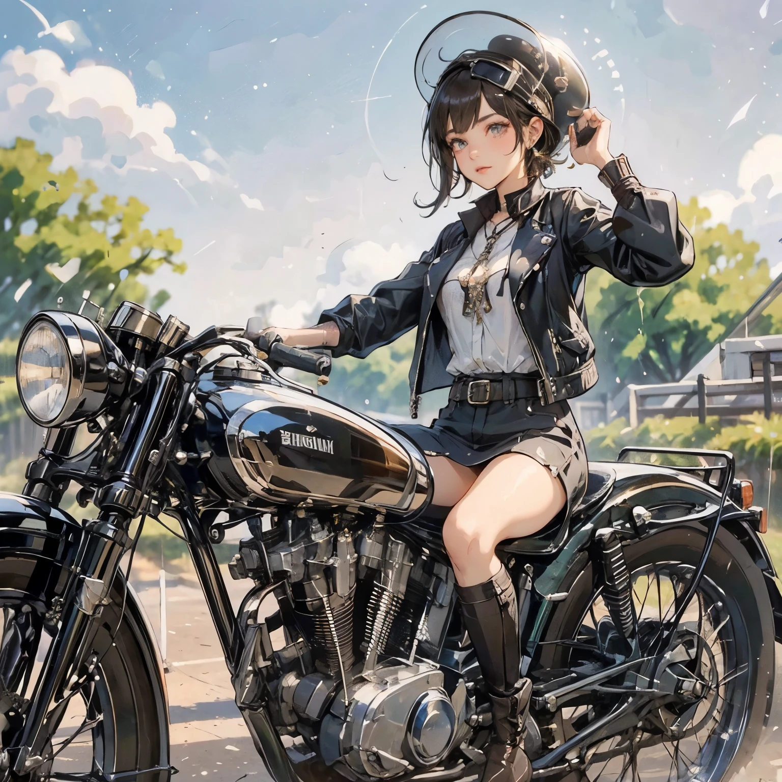 Bluff Superior SS100、(クラシックRiding on motorcycle )、(Vintage Bikes、Bluff Superior SS100)、Isle of Man Races、 (Riding on motorcycle:1.2), Beautiful young woman、18-year-old、Beautiful Face, Beautiful delicate eyes, Black Hair, Short Bob Hair,  Classic Leather Jacket、Cromwell helmet with goggles、After the Rain、English countryside、 Detailed Description、(Highest quality, masterpiece, High resolution)、8k、wallpaper
