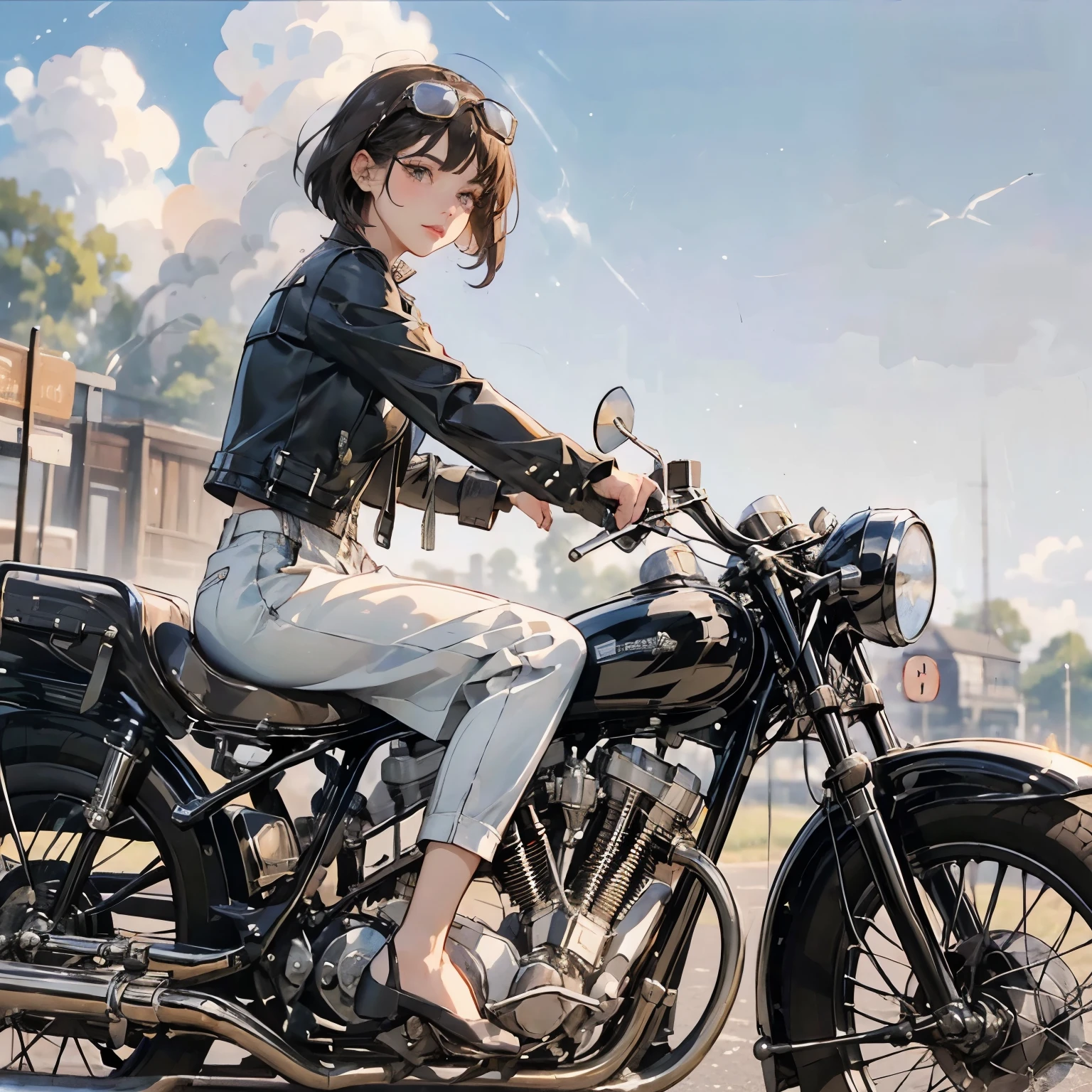 Bluff Superior SS100、(クラシックRiding on motorcycle )、(Vintage Bikes、Bluff Superior SS100)、Isle of Man Races、 (Riding on motorcycle:1.2), Beautiful young woman、18-year-old、Beautiful Face, Beautiful delicate eyes, Black Hair, Short Bob Hair,  Classic Leather Jacket、Cromwell helmet with goggles、After the Rain、English countryside、 Detailed Description、(Highest quality, masterpiece, High resolution)、8k、wallpaper
