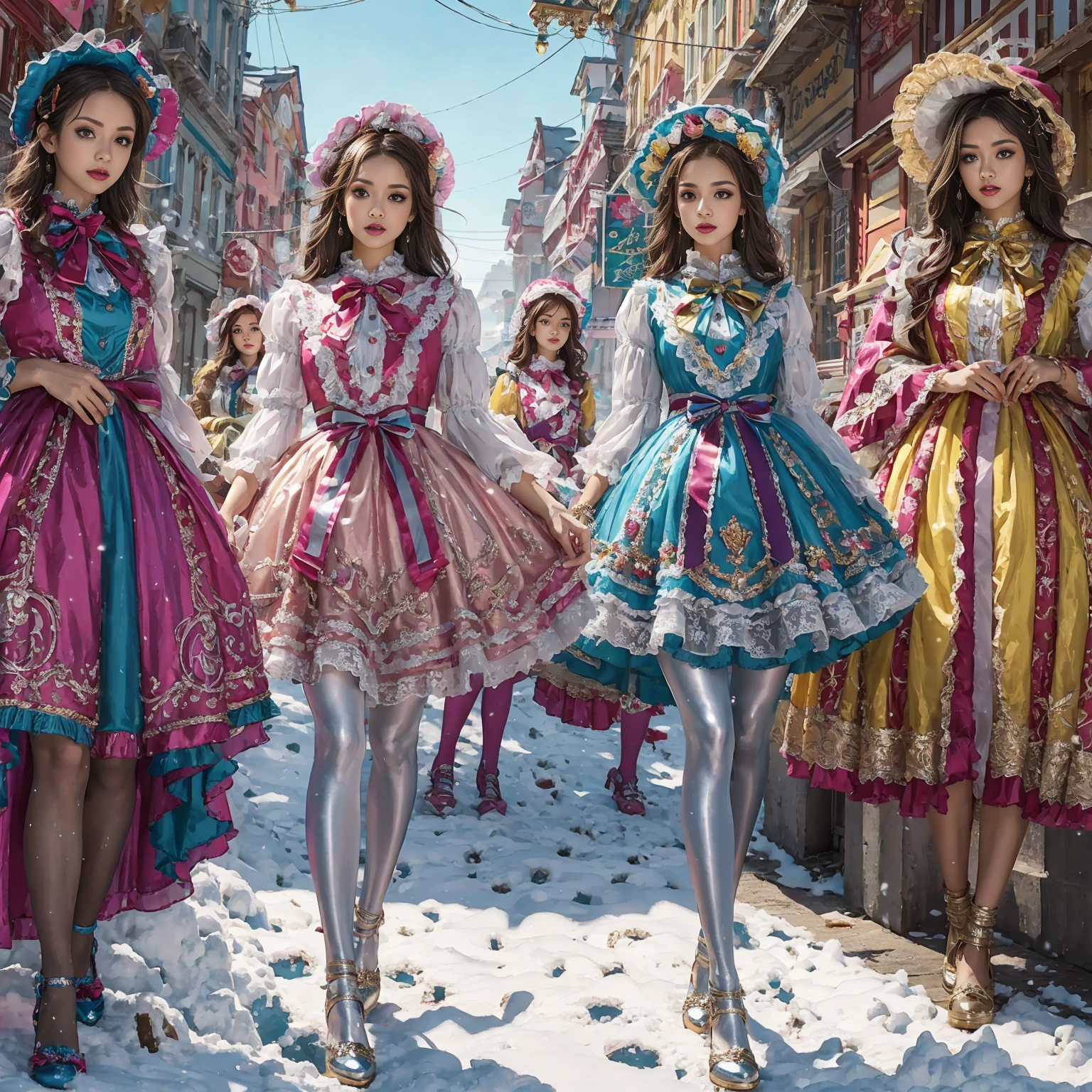 Movie poster composition, ((on a snowy mountain)), Miserable white skin, Ambilight, Nine-head body, Group photo, ((multicolored))，Three or more girls，Model figure, long-legged woman, A woman in a luxurious and elaborate lolita dress, wearing lolita mary jane shoes with ornate details, patterned tights, (Glossy Reflecting collection), (Glossy Reflecting collection), (Oily shiny)), (Metallic clothes), (Metallic dress), (Metallic tights):1.2)，, Postures vary, with reflective skin and reflective clothing, venusbody,Large movement amplitude, (full body shot), ray tracing, reflection light, chiaroscuro, UHD, masterpiece, anatomically correct, textured skin, super detail, high quality, 4K, highres