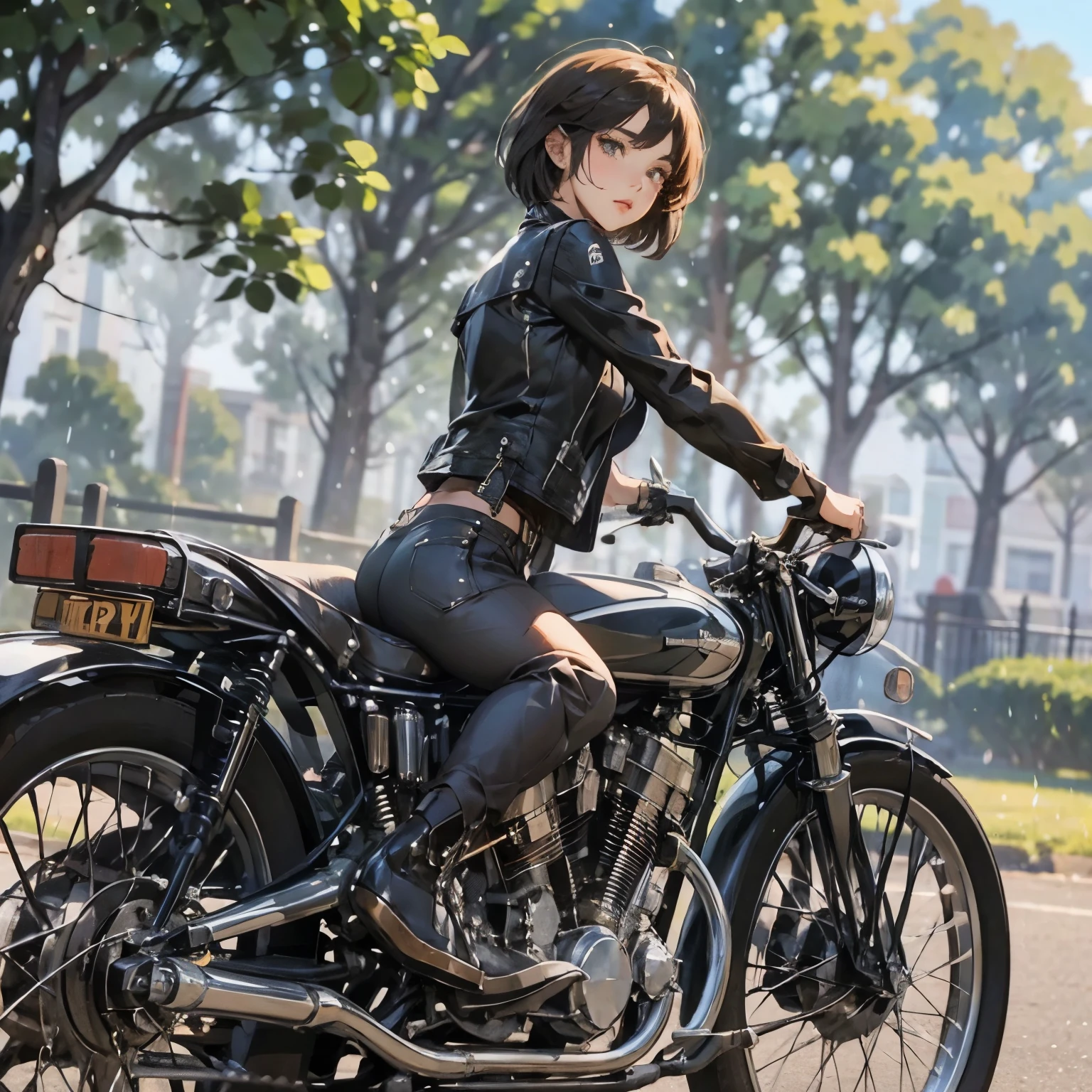 Bluff Superior SS100、(クラシックRiding on motorcycle )、(Vintage Bikes、Bluff Superior SS100)、Isle of Man Races、 (Riding on motorcycle:1.2), Beautiful young woman、18-year-old、Beautiful Face, Beautiful delicate eyes, Black Hair, Short Bob Hair,  Classic Leather Jacket、Cromwell helmet with goggles、After the Rain、English countryside、 Detailed Description、(Highest quality, masterpiece, High resolution)、8k、wallpaper
