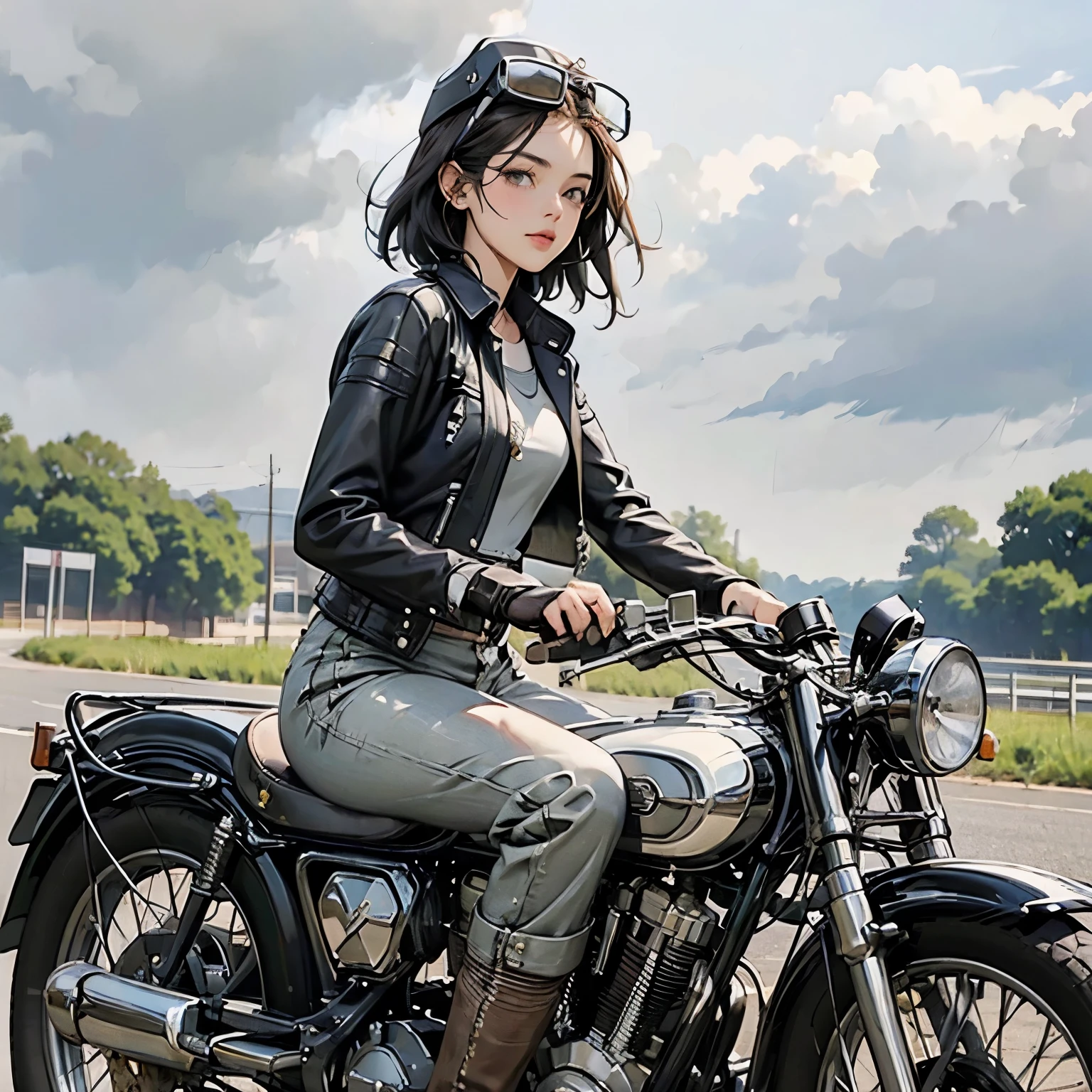 Bluff Superior SS100、(クラシックRiding on motorcycle )、(Vintage Bikes、Bluff Superior SS100)、Isle of Man Races、 (Riding on motorcycle:1.2), Beautiful young woman、18-year-old、Beautiful Face, Beautiful delicate eyes, Black Hair, Short Bob Hair,  Classic Leather Jacket、Cromwell helmet with goggles、After the Rain、English countryside、 Detailed Description、(Highest quality, masterpiece, High resolution)、8k、wallpaper
