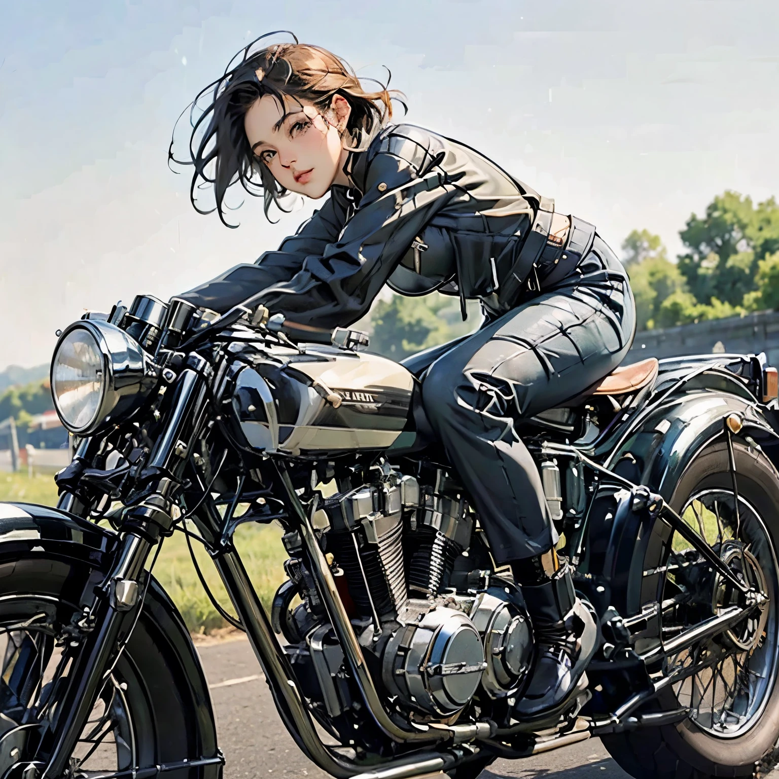 Bluff Superior SS100、(クラシックRiding on motorcycle )、(Vintage Bikes、Bluff Superior SS100)、Isle of Man Races、 (Riding on motorcycle:1.2), Beautiful young woman、18-year-old、Beautiful Face, Beautiful delicate eyes, Black Hair, Short Bob Hair,  Classic Leather Jacket、Cromwell helmet with goggles、After the Rain、English countryside、 Detailed Description、(Highest quality, masterpiece, High resolution)、8k、wallpaper
