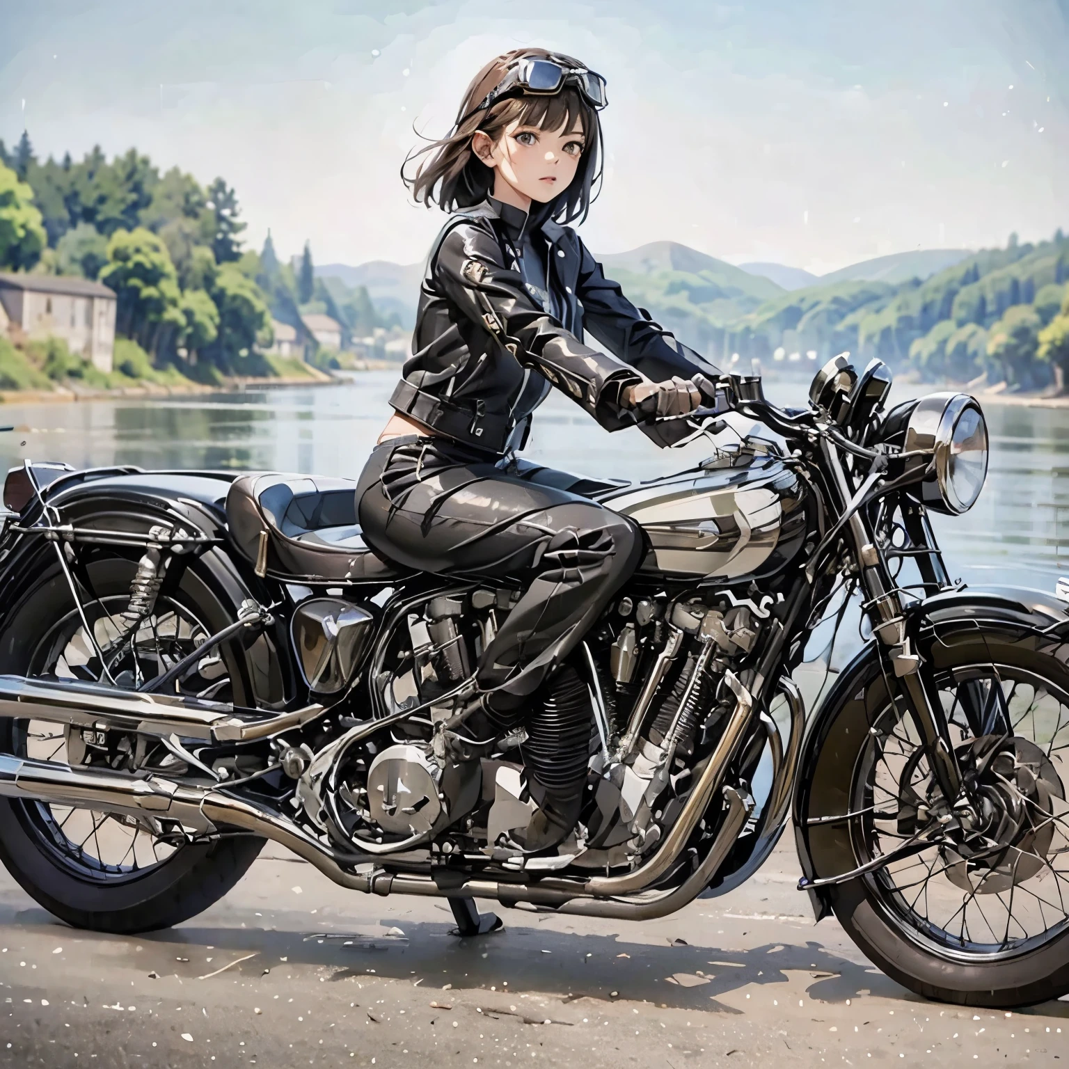 Bluff Superior SS100、(クラシックRiding on motorcycle )、(Vintage Bikes、Bluff Superior SS100)、Isle of Man Races、 (Riding on motorcycle:1.2), Beautiful young woman、18-year-old、Beautiful Face, Beautiful delicate eyes, Black Hair, Short Bob Hair,  Classic Leather Jacket、Cromwell helmet with goggles、After the Rain、English countryside、 Detailed Description、(Highest quality, masterpiece, High resolution)、8k、wallpaper
