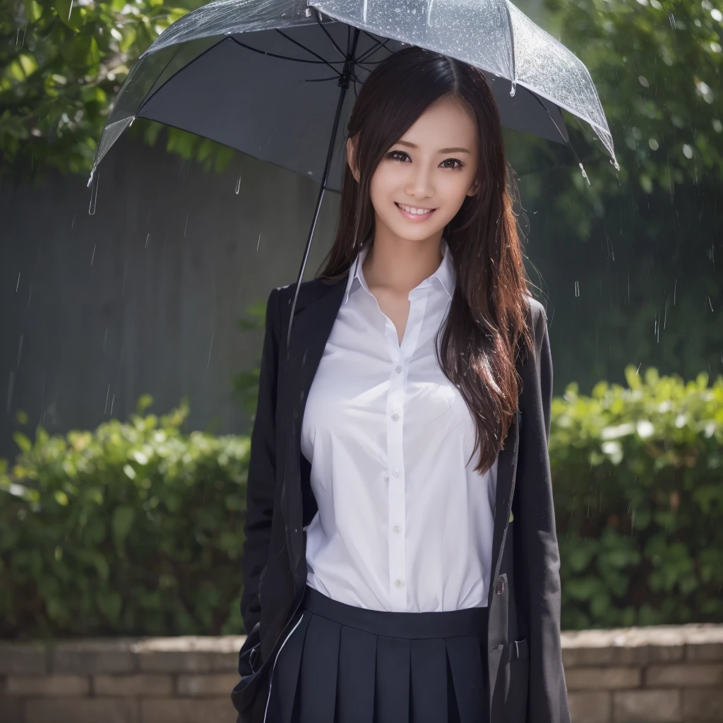 there is a woman with gigantic breast in a school uniform standing in the rain, wet shirt, can see bra behind shirt, pretty girl standing in the rain, after rain and no girls, raining, girl wearing uniform, in the rain, anime thai girl, raining award winning photo, school girl, just after rain, raining!, at evening during rain, wet from rain, rainy wet, raining portrait, beautiful and smiling, masterpiece, best quality:1.2),,(8k,highres,RAW photo,realistic,photo-realistic:1.3),(detailed skin texture,detailed cloth texture,beautiful detailed face:1.25),professional lighting,photon mapping,beautiful soft light,radiosity,physically-based rendering,raytracing, model shoot style, model shoot style, (extremely detailed CG unity 8k wallpaper), full shot body photo of the most beautiful artwork in the world,