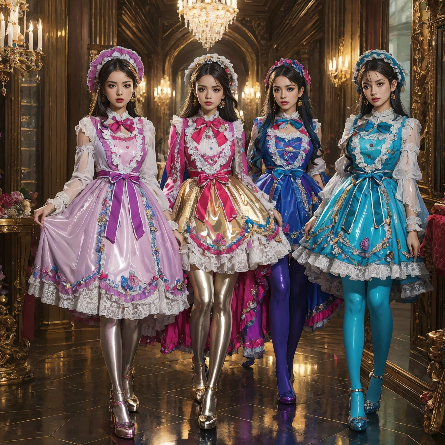 Movie poster composition, (on a snowy mountain), Miserable white skin, Ambilight, Nine-head body, Group photo, ((multicolored))，Three or more girls，Model figure, long-legged woman, A woman in a luxurious and elaborate lolita dress, wearing lolita mary jane shoes with ornate details, patterned tights, (Glossy Reflecting collection), (Glossy Reflecting collection), (Oily shiny)), (Metallic clothes), (Metallic dress), (Metallic tights):1.2)，, Postures vary, with reflective skin and reflective clothing, venusbody,Large movement amplitude, (full body shot), ray tracing, reflection light, chiaroscuro, UHD, masterpiece, anatomically correct, textured skin, super detail, high quality, 4K, highres