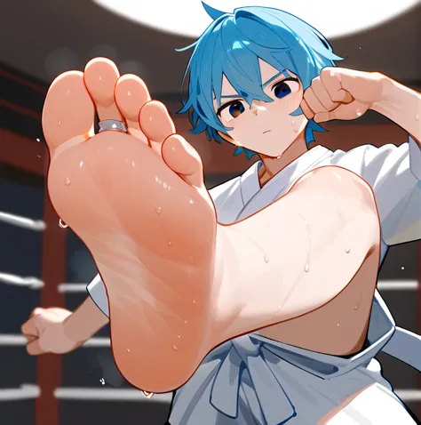 in the ring，一个可爱的男孩露出脚low angle，lift one foot，one-leg stand，black eyes，boy，blue hair，short hair，there are bangs between the eyes...