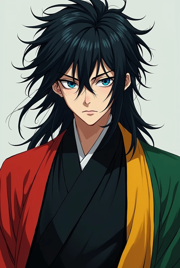 Serious 21 year old man long black spiky hair wearing a black uniform